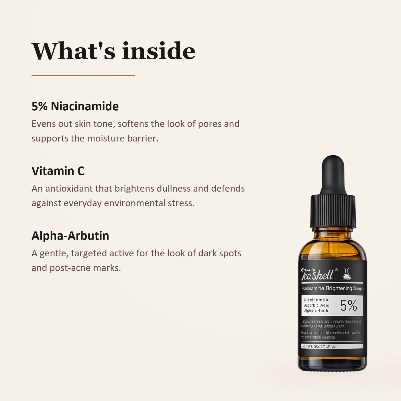 Teashell 5% Niacinamide Brightening Serum - Vitamin C + Alpha Arbutin, 30ml