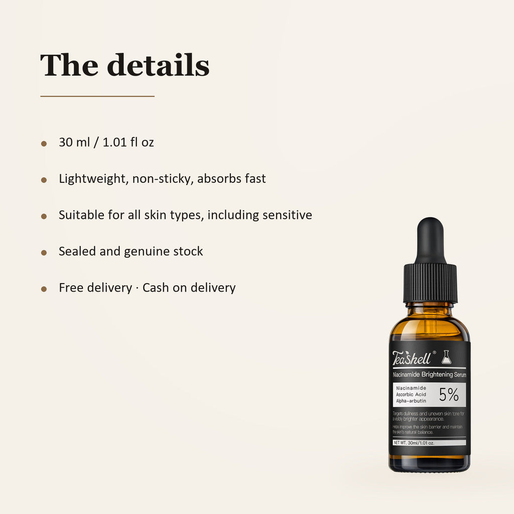 Teashell 5% Niacinamide Brightening Serum - Vitamin C + Alpha Arbutin, 30ml